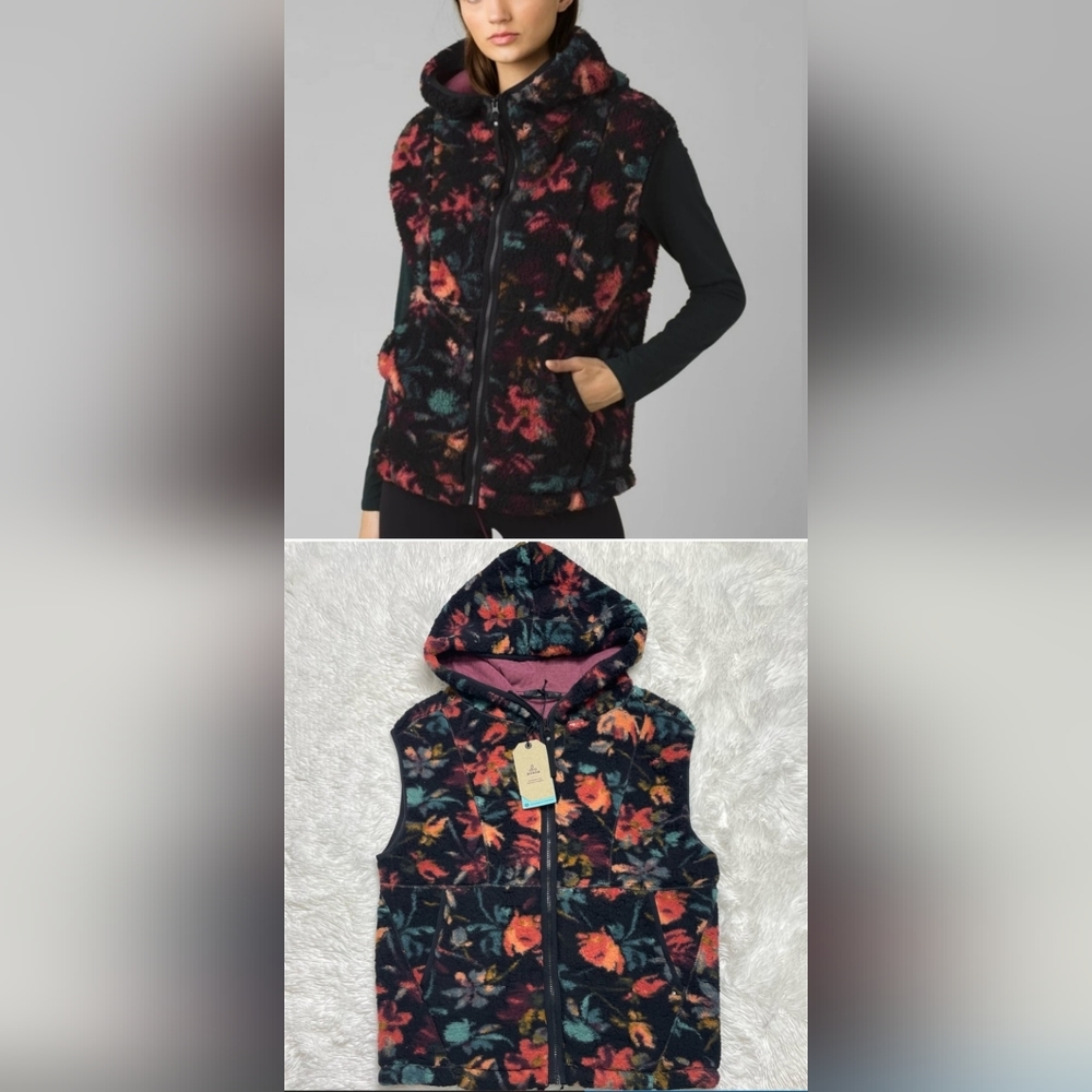 NWT NEW ladies prAna Solar Escape Vest S Black Fleur W13202153 Sherpa Fleece Zip